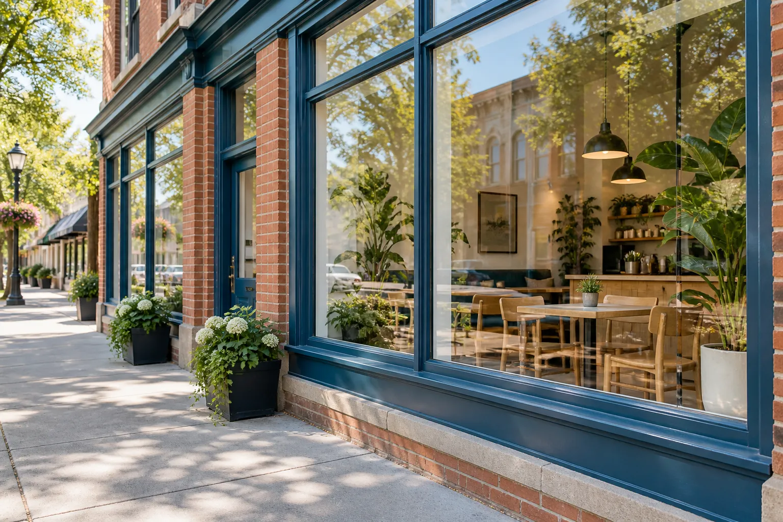 Illustration of clean blue-framed storefront windows beside a brick sidewalk.
